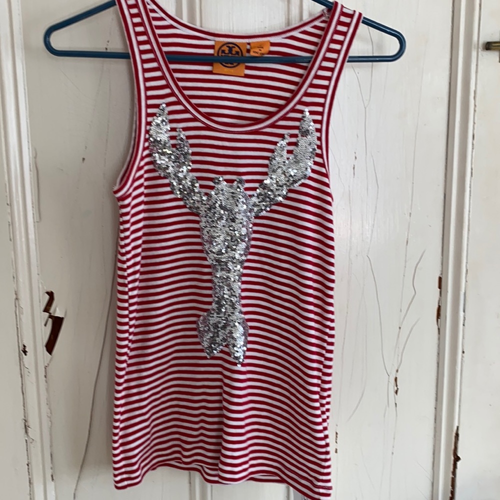 Tory Burch sequined lobster t—shirt.